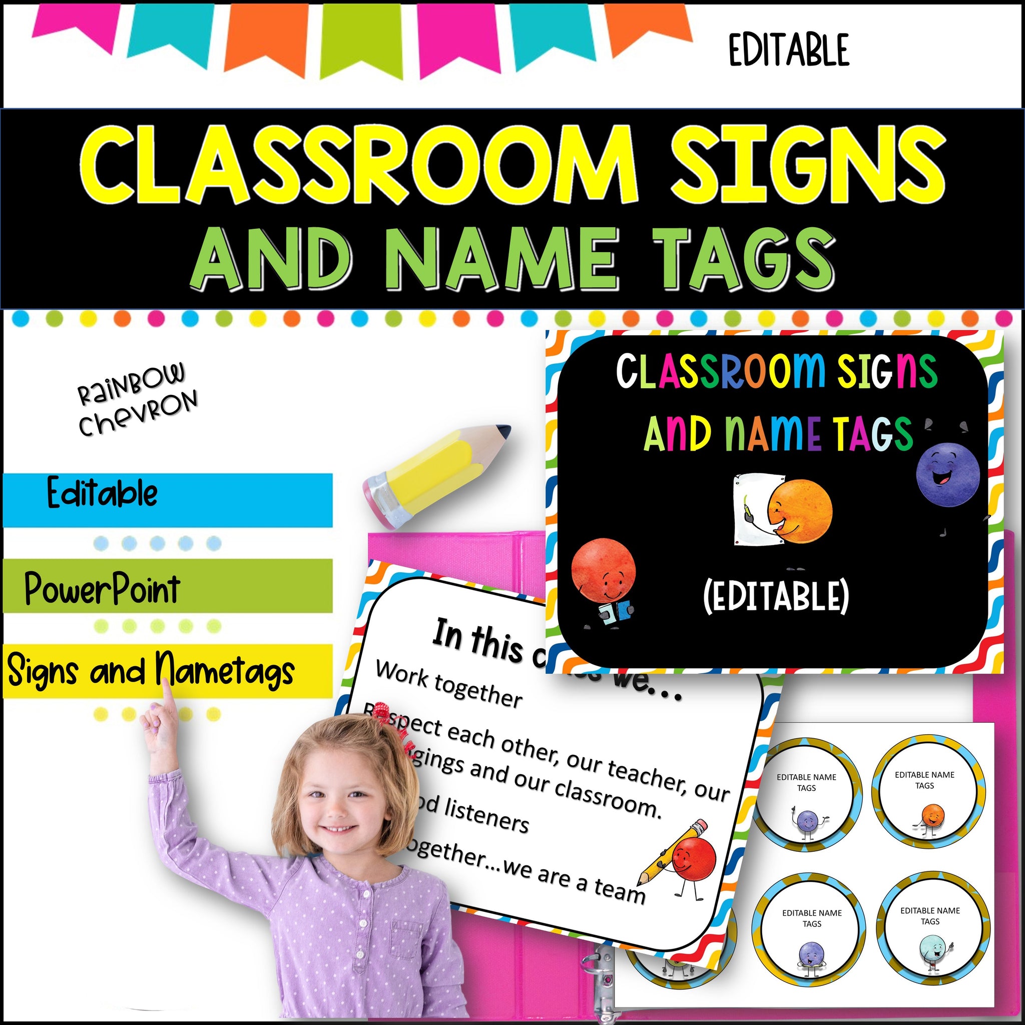Classroom Signs and Name tags (Editable) CHEVRON