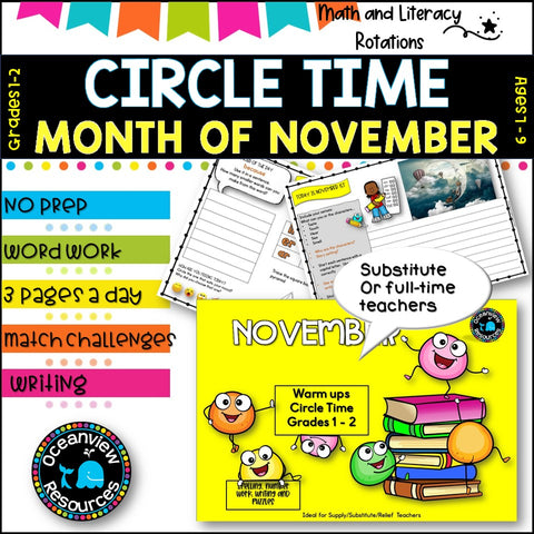 NOVEMBER NO Prep - SUB Pack -Literacy and Number -Grades 1-2 (30 days work)
