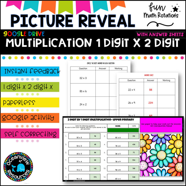 DAISIES Picture reveal DIGIT x 2 DIGITS- Google Activity with worksheets 3 sets