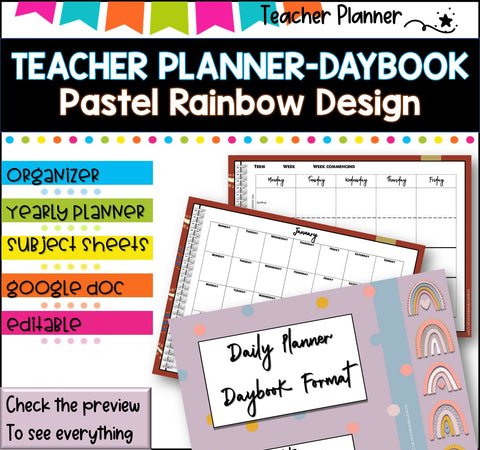 Daybook Planner for Teachers- PASTEL RAINBOW DESIGN  PDF I GOOGLE SLIDES I PPT