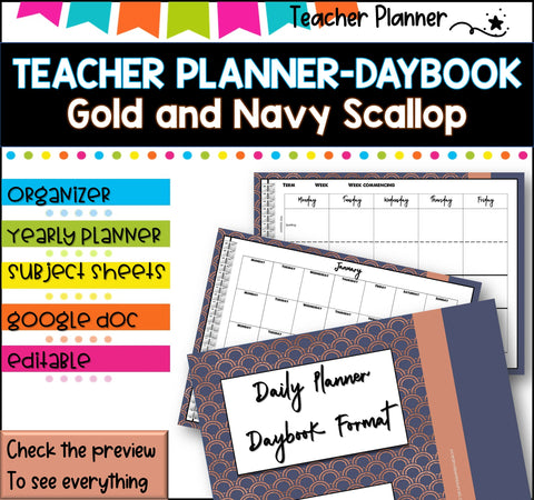 Daybook Planner for Teachers-ROSE GOLD AND NAVY PDF I GOOGLE SLIDES I PPT