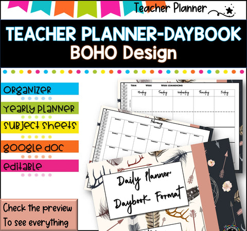 Daybook Planner for Teachers- BOHO PDF I GOOGLE SLIDES I PPT