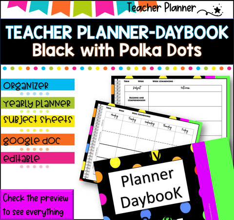 Daybook Planner for Teachers- BLACK POLKA DOTS