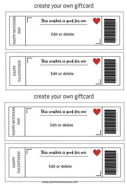 GIFT VOUCHER cards for Mother, Fathers' day or Christmas