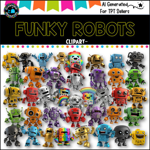 FUNKY ROBOTS - CLIPART  40 png files AI GENERATED