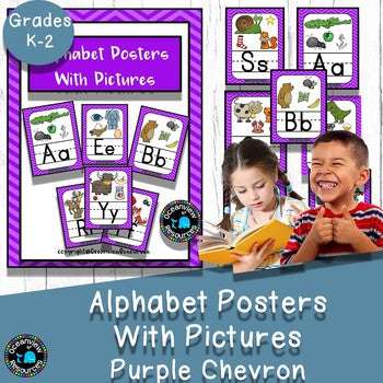 Alphabet cards with Pictures Classroom Decor- Purple Chevron