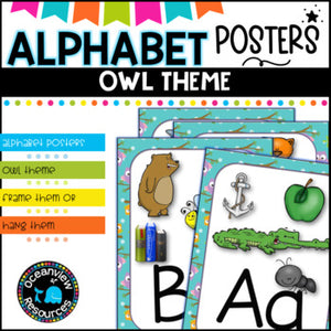 Owl themed Alphabet Posters with Pictures, Ideal for Bulletin Boards - Oceanview Education and Teaching Supplies 