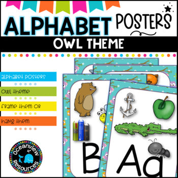 Owl themed Alphabet Posters with Pictures, Ideal for Bulletin Boards