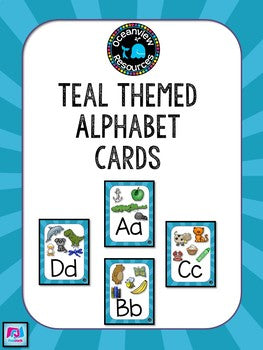 Teal themed Alphabet Posters with Pictures, Ideal for Bulletin Boards