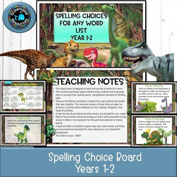 Spelling Choice board Years 1-2-Dinosaur Theme