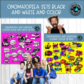 Onomatopoeia and comic clipart bundle black and white and color