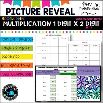 DAISIES Picture reveal DIGIT x 2 DIGITS- Google Activity with worksheets 3 sets