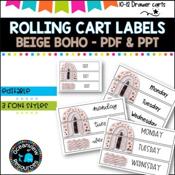 10 Drawer Rolling Cart Labels | BEIGE BOHO RAINBOW DESIGN I Teacher Trolley